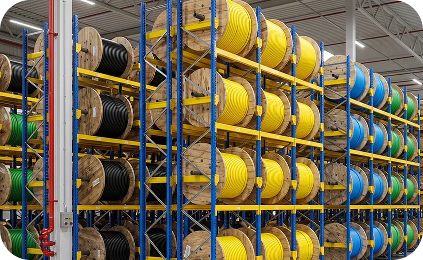 Prateleiras com bobinas de cabos no centro de distribuição da Bras Distribuidora